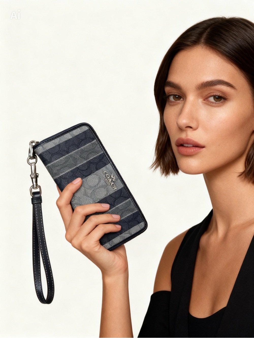 NWT Authentic Coach Denim Striped Signature C Zip Wristlet